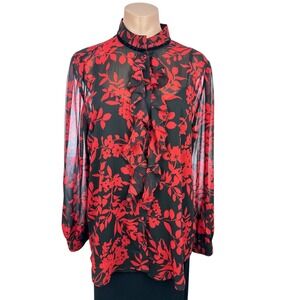 Chico's Sheer Black & Red Floral Design over Sheer Blk Camisole Sz 2/L  Long Sl